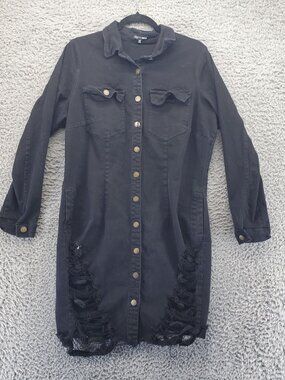 Fashion Nova Jacket Womens 2X Black 3/4 Distressed Button Denim Jean Jacket